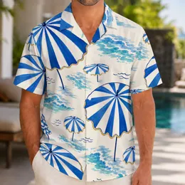 Blue Striped Beach Umbrellas For Coastal Resort Vacations And Summer Getaway Wear Hawaiian Shirt