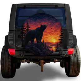 Black Bear Sunset Wilderness Scene for Camping Road Trips and Outdoor Adventure Lovers Spare Tire Cover