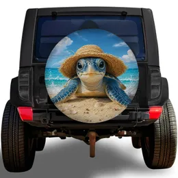 Baby Sea Turtle In Straw Hat For Beach Camping And Coastal Travel Road Adventures Spare Tire Cover