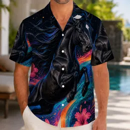 Black Stallion With Rainbow Cosmic Waves for Tropical Vacations and Resort Getaways Hawaiian Shirt