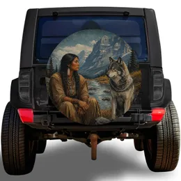 Alpine Indigenous Woman And Gray Wolf Scene For Mountain Adventure Vehicle Owners Spare Tire Cover