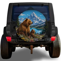 Grizzly Bear And Cub Alpine Mountain Lake Outdoor Adventure RV Camping Accessory Spare Tire Cover