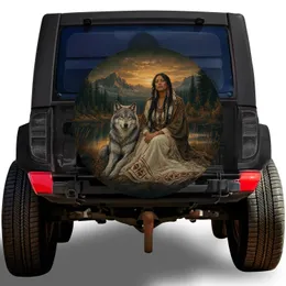 Woman And Wolf Autumn Mountain Lake For Outdoor Adventure SUV And RV Travel Gifts Spare Tire Cover