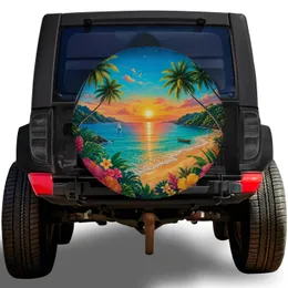 Tropical Beach Sunset With Palm Trees for Jeep Beach Trips and Coastal Road Adventures Spare Tire Cover