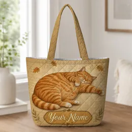Sleeping Orange Tabby Cat Autumn Gift for Cat Lovers Cozy Fall Halloween Home Decor Quilted Tote Bag