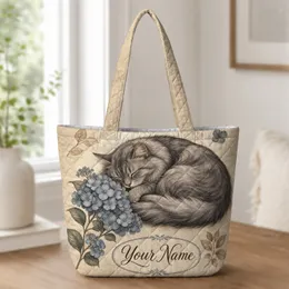 Sleepy Gray Cat With Blue Hydrangeas For Cozy Travel And Everyday Carry Gifts For Women Quilted Tote Bag