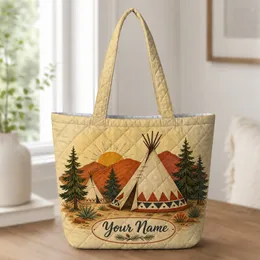 Southwestern Teepee Mountain Camp Scene for Weekend Travel and Outdoor Adventures Quilted Tote Bag