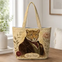 Dapper Victorian Leopard Portrait For Daily Errands And Vintage Animal Art Lovers Quilted Tote Bag