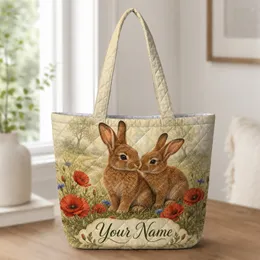 Brown Rabbits And Red Poppies Meadow Gift For Nature Lovers Quilted Tote Bag