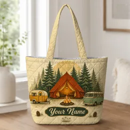 Vintage Camping Tent And Retro Trailer Adventure Gift For Nature Travel Lovers Quilted Tote Bag