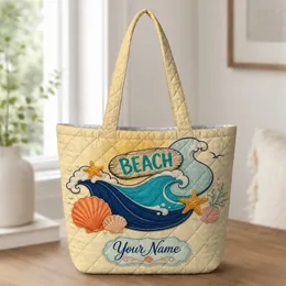 Coastal Ocean Waves Shells And Starfish For Beach Vacation Travel Gifts For Women Beach Lovers Quilted Tote Bag