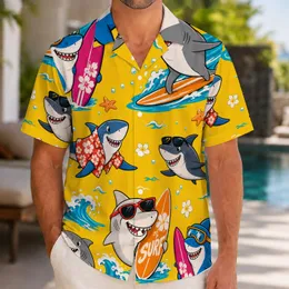 Cheerful Cartoon Surfing Sharks With Boards For Tropical Beach Vacation Style Gifts Hawaiian Shirt