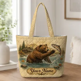 Brown Bear Salmon Stream Scene For Camping Trips And Outdoor Adventure Enthusiasts Quilted Tote Bag