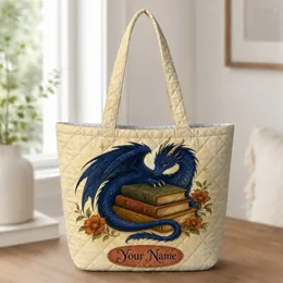 Midnight Blue Dragon With Storybooks For Bookstore Trips And Fantasy Book Lovers Quilted Tote Bag