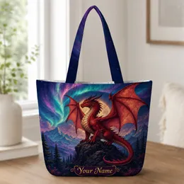 Crimson Winged Dragon Aurora Mountain Fantasy For Travel, Work, And Comic Con Fans Quilted Tote Bag
