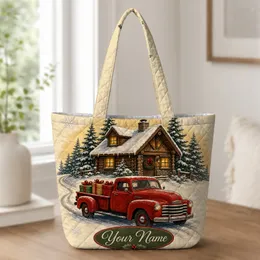 Snowy Log Cabin Red Pickup Christmas Gifts For Holiday Shopping And Winter Travel Quilted Tote Bag