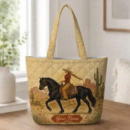 Western Cowgirl On Black Horse for Desert Travel, Rodeo Days and Boho Western Style Quilted Tote Bag