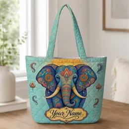 Colorful Boho Elephant With Lotus Details For Travel, Shopping And Everyday Carry Quilted Tote Bag