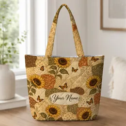 Vintage Sunflowers And Butterflies For Autumn Shopping, Work, Travel And Gift Giving Quilted Tote Bag