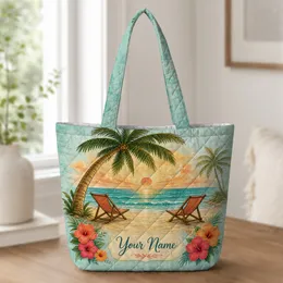 Tropical Beach Sunset Palm Loungers For Vacation Travel And Summer Getaway Gifts Quilted Tote Bag