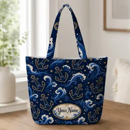 Vintage Navy Anchor And Ocean Wave Gift For Beach Lovers And Coastal Getaway Fans Quilted Tote Bag