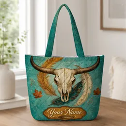 Longhorn Skull And Feathers Southwestern Autumn Gift For Cowgirl Fall Fashion Lovers Quilted Tote Bag