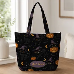 Black Witch Cat Jack O Lantern Halloween Gift For Fall Shopping And Daily Errands Quilted Tote Bag