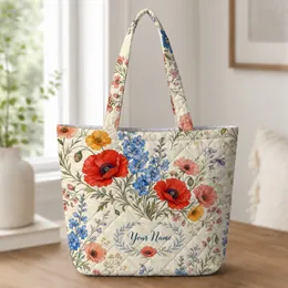 Wildflower Meadow Poppies And Blue Blooms For Everyday Market Trips And Garden Lovers Quilted Tote Bag