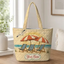 Coral Beach Umbrellas And Striped Chairs For Seaside Vacation Travel Enthusiasts Quilted Tote Bag