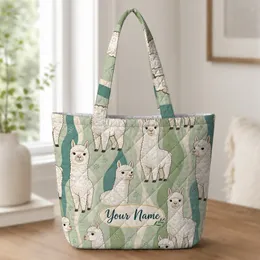 Folk Art Alpaca Sage Green Accessory For Everyday Weekend Travel And Animal Lovers Quilted Tote Bag
