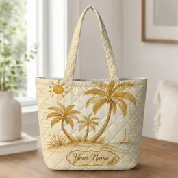 Golden Palm Trees And Sailboat Beach Vacation Gift For Coastal Travel Lovers Women Quilted Tote Bag