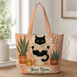 Black Cat Reading Newspaper On Toilet Cat Lover Everyday Carry Gift For Women Friends Quilted Tote Bag