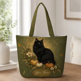 Victorian Black Cat And Autumn Botanicals For Halloween Market And Everyday Carry Quilted Tote Bag