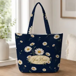 Navy Blue Daisy Botanical Carryall For Late Summer Travel, Teachers And Garden Lovers Quilted Tote Bag
