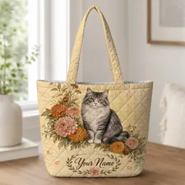 Autumn Gray Tabby Cat With Flowers For Everyday Carry And Fall Gifts For Cat Lovers Quilted Tote Bag
