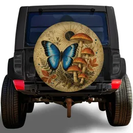 Blue Butterfly And Woodland Mushroom Vintage Collage For Nature Loving Road Trips Spare Tire Cover