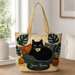 Black Cat With Teacup And Tropical Leaves Cozy Halloween Gift For Women Cat Lovers Quilted Tote Bag