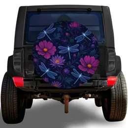 Glowing Blue Dragonflies And Purple Flowers For Night Garden Adventure Trips Spare Tire Cover