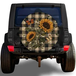 Sunflowers And Monarch Butterfly Gingham For Rustic Road Trips And Nature Lovers Spare Tire Cover