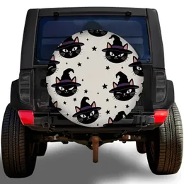 Black Cat Witch Hats And Stars For Halloween Road Trips And Spooky SUV Adventures Spare Tire Cover