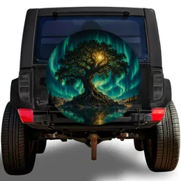Ancient Oak Tree Of Life Aurora Lake Scene For Night Sky Camping And Overland Travel Spare Tire Cover
