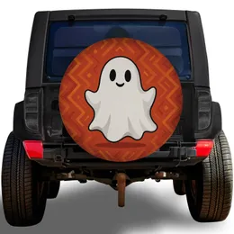 Smiling White Ghost On Burnt Orange Halloween Road Trip Decor For SUV And RV Drivers Spare Tire Cover