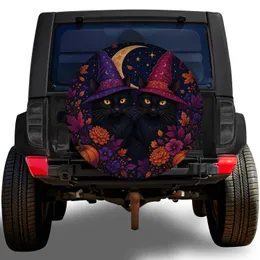 Black Witch Cats Crescent Moon Halloween Decor for Spooky Autumn Car Enthusiasts Spare Tire Cover