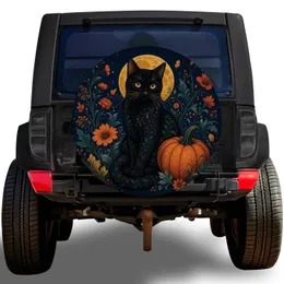 Black Cat Full Moon Pumpkin Floral Autumn Night Decor For Halloween Road Trip Fans Spare Tire Cover