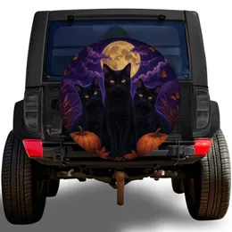 Black Cat Trio Under Full Moon With Pumpkins for Halloween Autumn Gothic SUV Lovers Spare Tire Cover