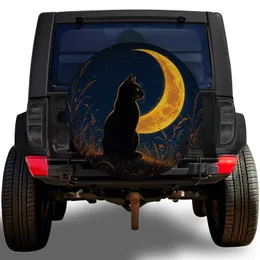 Black Cat Golden Crescent Moon Night Sky For Halloween Camping Outdoor Adventure Lovers Spare Tire Cover