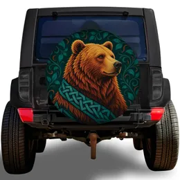 Celtic Brown Bear With Teal Knotwork for Outdoor Adventure Travel SUVs and Campers Spare Tire Cover