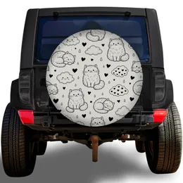 Cute Black And White Fluffy Cats Clouds And Hearts For Camping RV Outdoor Lovers Spare Tire Cover