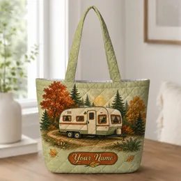 Vintage Camper Autumn Forest Scene For RV Lovers Weekend Camping And Road Trip Gifts Quilted Tote Bag
