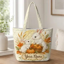 Autumn Harvest Rabbits And Pumpkins For Thanksgiving Market Days And Farmhouse Gift Giving Quilted Tote Bag